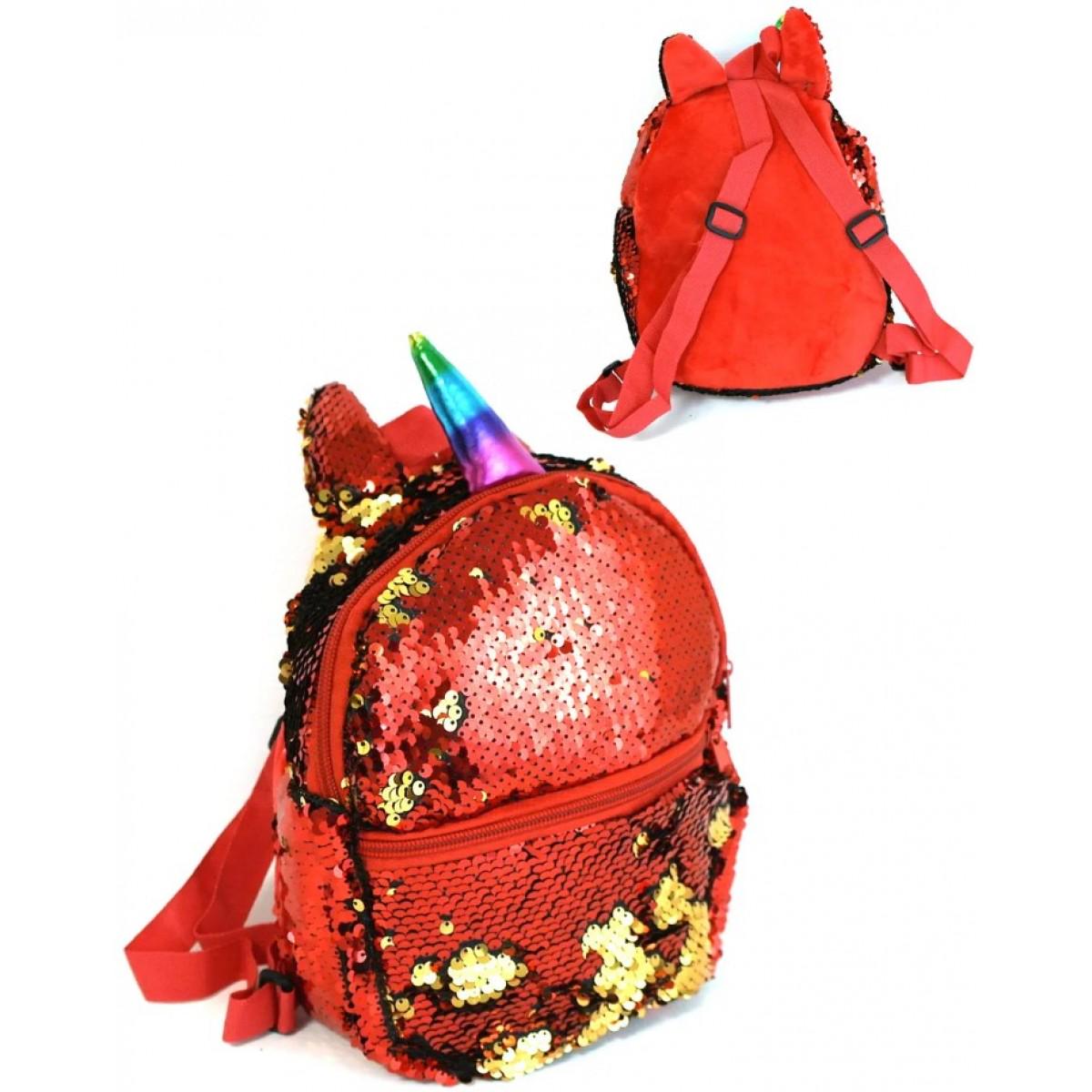 Детский рюкзак перевертыш с пайетками Единорожка Красный/Золотой - фото 3