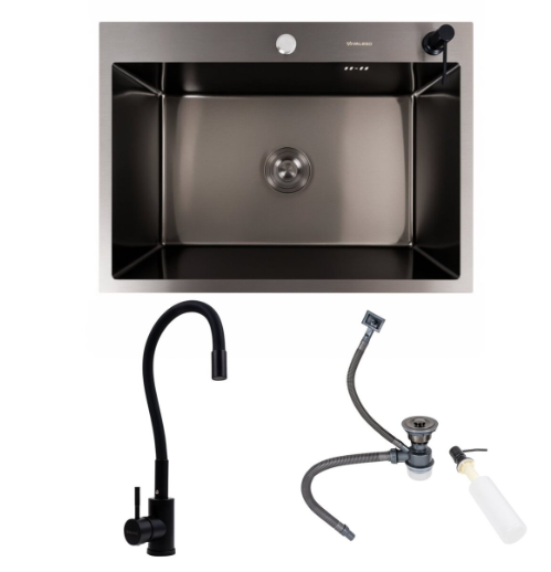 Мойка Valeso Handmade PVD смеситель гибкий Черный 3,0/0,8 мм со гибким смесителем (NES-ZZ45)