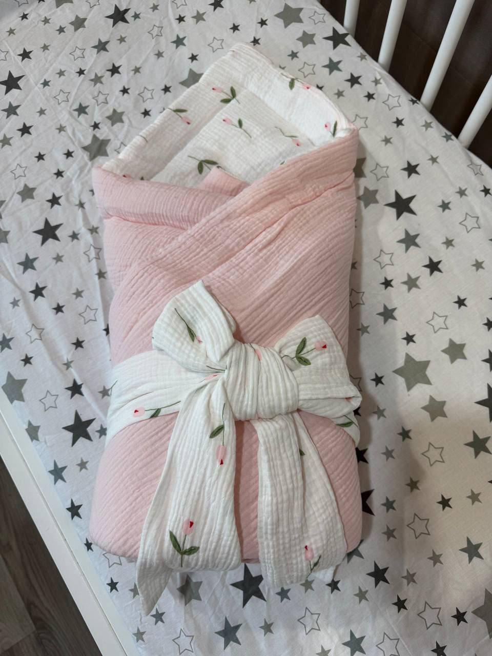 Конверт одеяло для выписки из роддома муслиновый 75х100 см Розовый (П4К-am-bant-007)