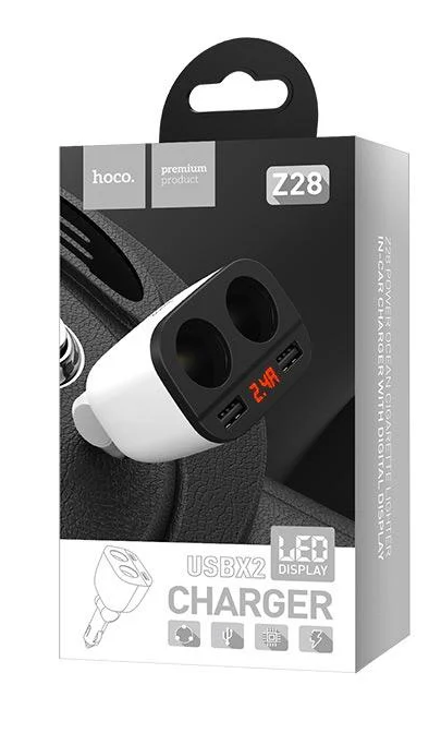 Зарядний пристрій автомобільний Hoco Z28 Power ocean cigarette lighter in-car charger with digital display White (6957531091967)