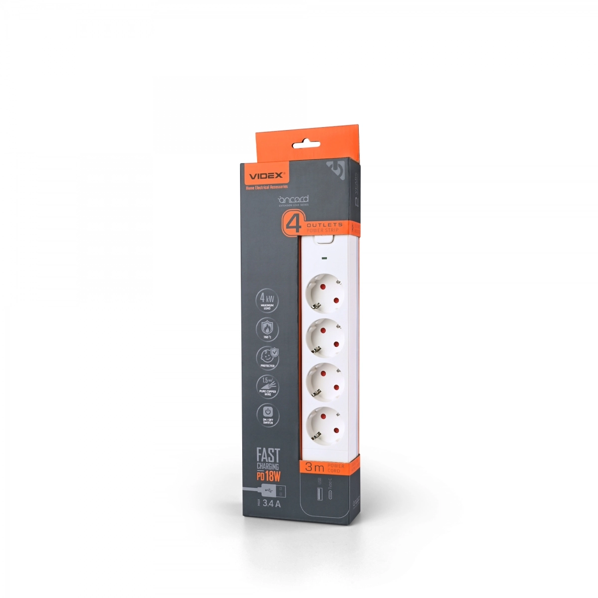 Подовжувач мережевий Videx ONCORD USB QC3.0/USB-C/PD18W з кнопкою з/з 4п 3x1,5 мм 3,4А 3 м White (VF-PD43G1QC1PD-W)