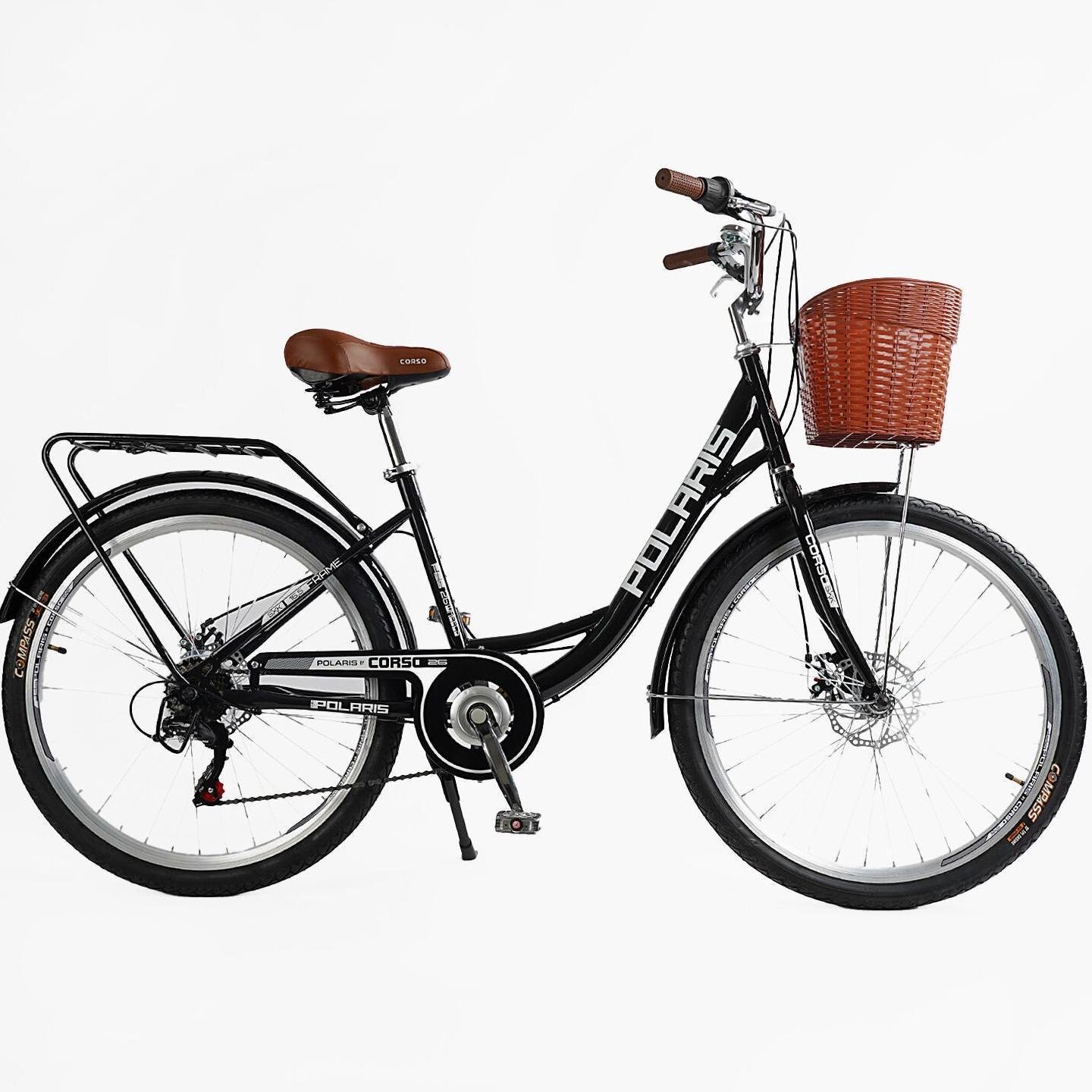 Велосипед міський Corso Polaris з кошиком та багажником рама 16,5"/26" Чорний - фото 2 Велосипед міський Corso Polaris з кошиком та багажником рама 16,5"/26" Чорний - фото 2