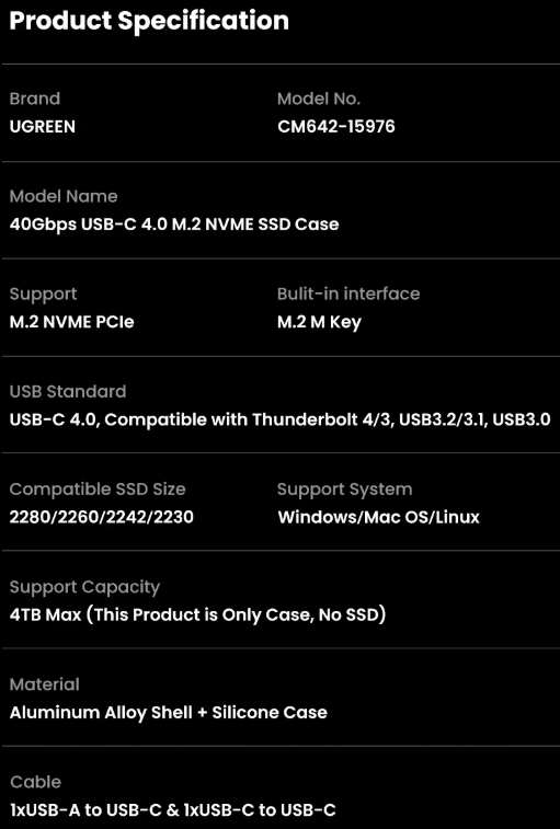 Кишеня зовнішня UGREEN CM642 40Gbps M.2 NVMe SSD to USB4 SSD Case - фото 7