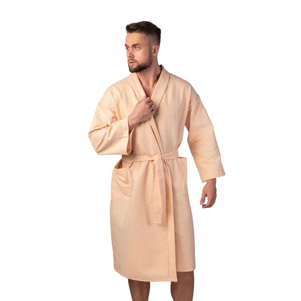 Чоловічий вафельний халат Luxyart Men's Bathrobe Кімоно 100% бавовна М Персиковий (LS-1342)