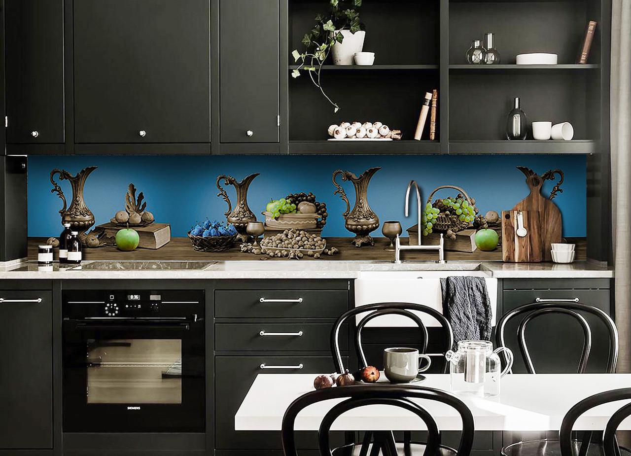 Кухонный фартук Стальные кувшины из самоклеющейся виниловой пленки 65х250 см Голубой