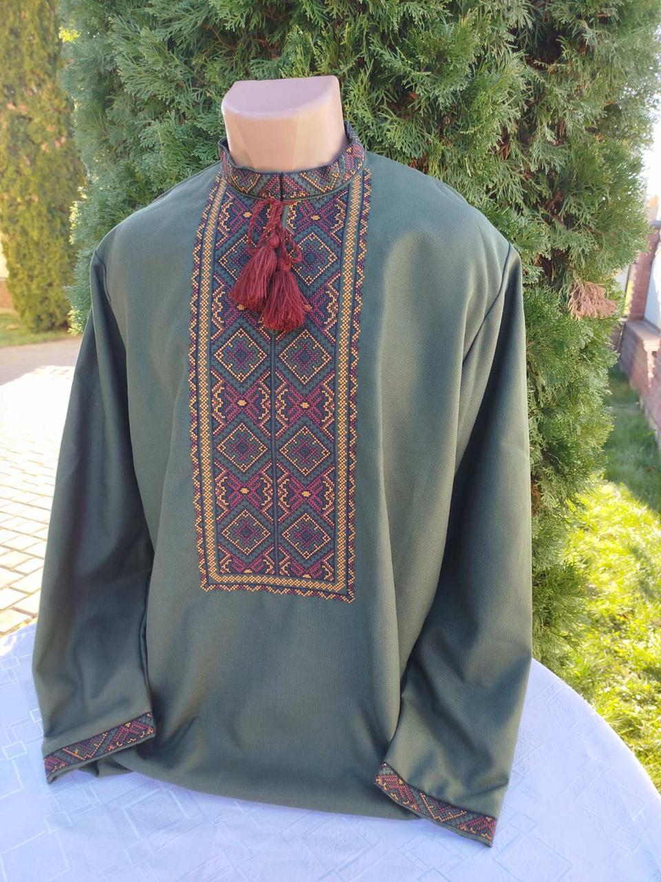 Вышиванка мужская Гуцульский узор на натуральном домотканом полотне р. 58 Зеленый (2411640811)