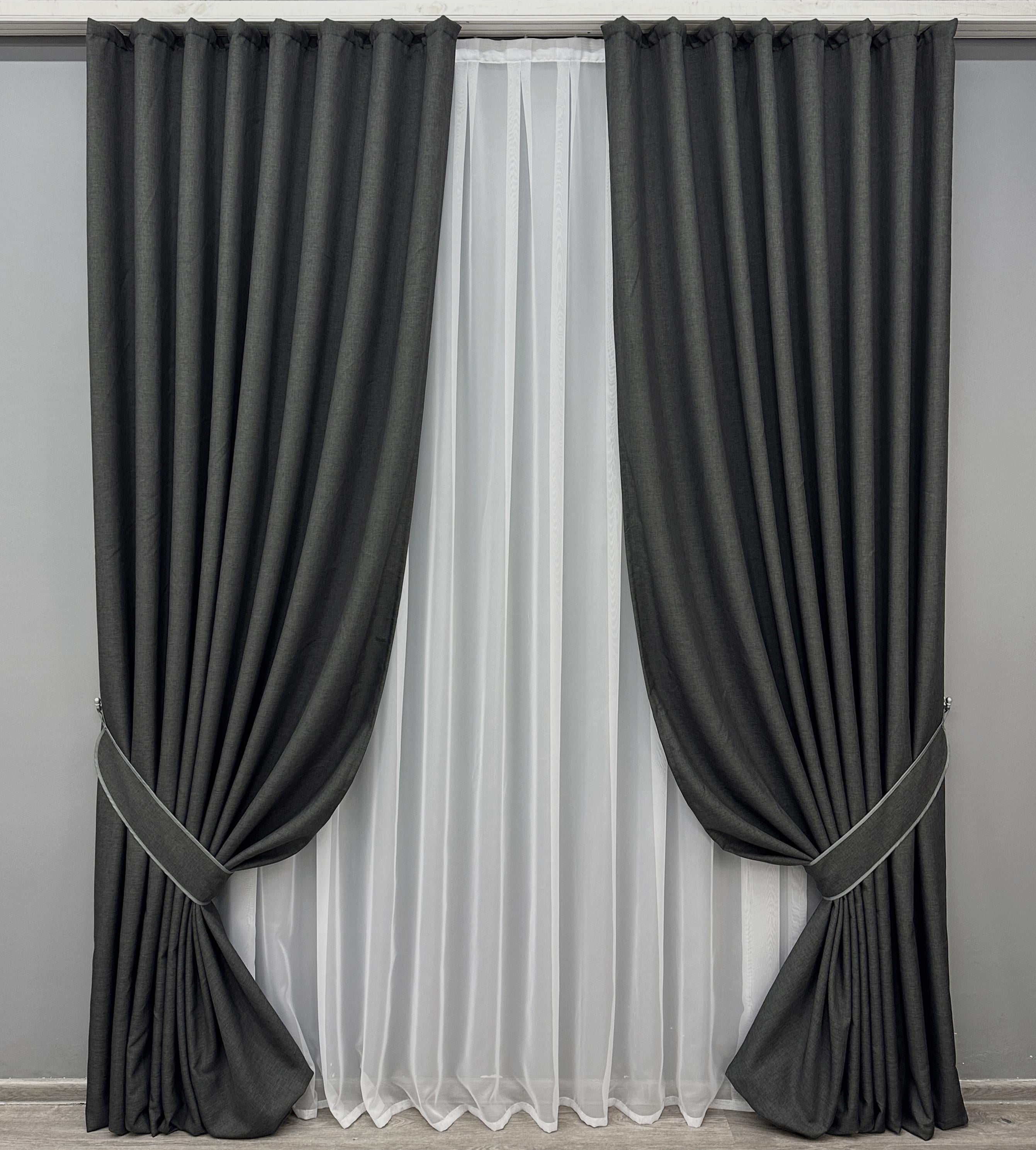 Комплект готовых штор VR-Textil Лен ALORA-TON № 1872ш 100х290 см 2 шт. Графитовый (31-935)