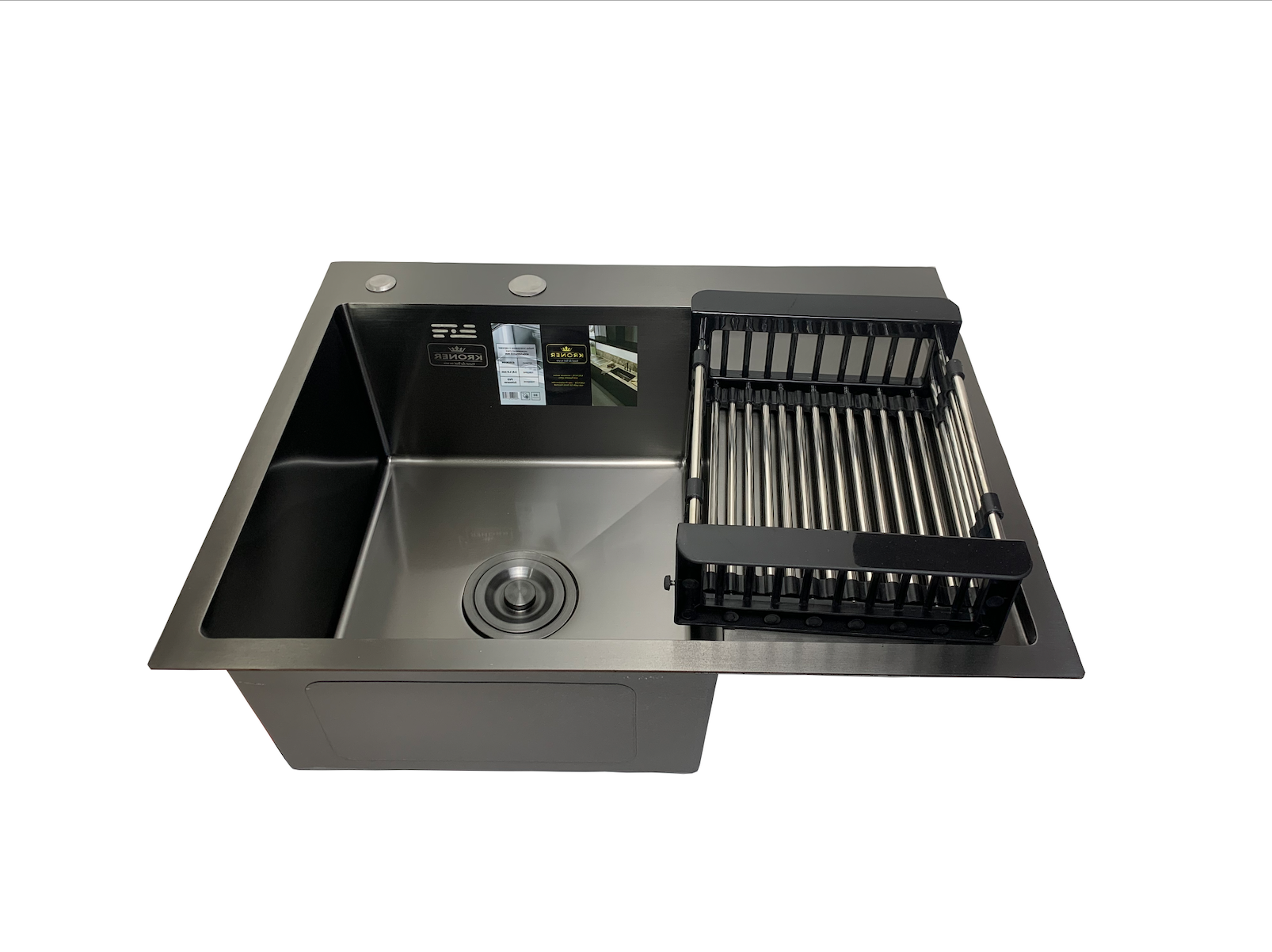 Мийка кухонна Kroner 63x50 см чаша зліва в чорному PVD + кошик/кріплення/сифон