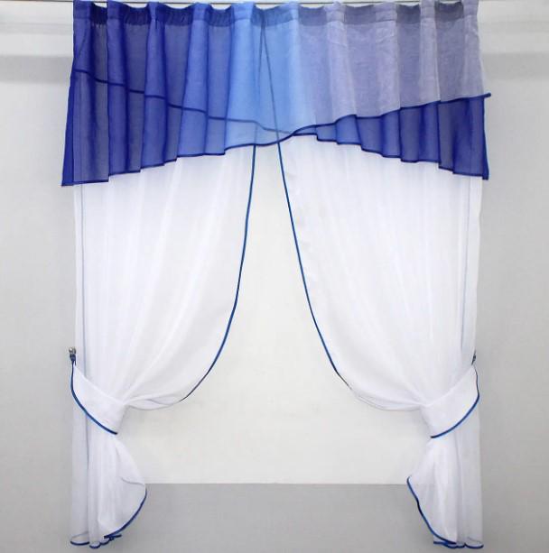 Занавеска на кухню с ламбрекеном 260х170 см Синий/Белый (091к)