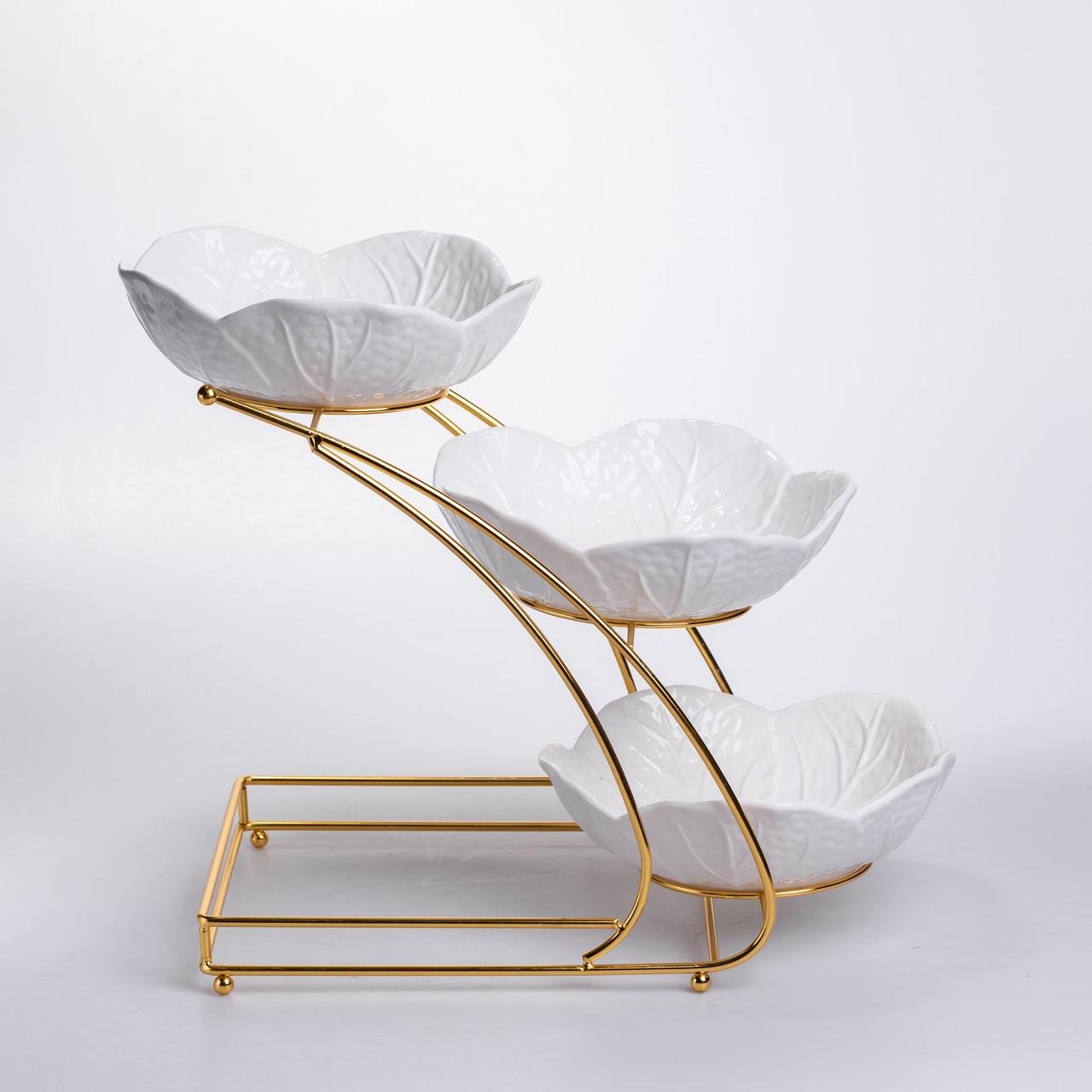 Фруктовница на 3 яруса фуршетная 36х22х33 см Белый с золотым (C252) - фото 3 Фруктовница на 3 яруса фуршетная 36х22х33 см Белый с золотым (C252) - фото 3