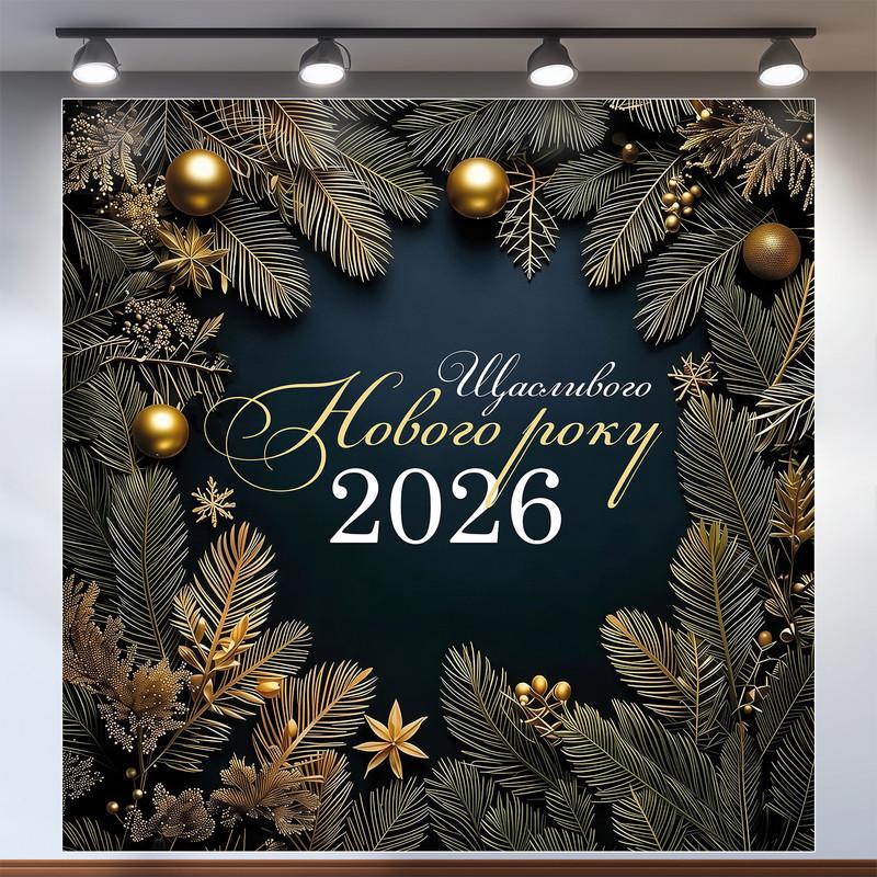 Баннер "Щасливого Нового року 2026" с золотым декором и темным фоном 120x120 см №46049