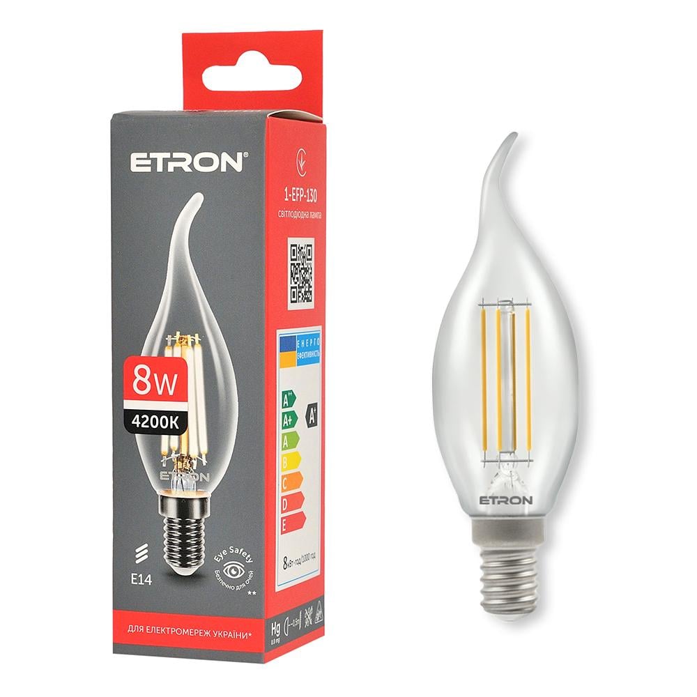 Світлодіодна лампа філаментна ETRON Filament Power 1-EFP-130 С37 Tailed E14 8W 4200K Прозорий (13731)