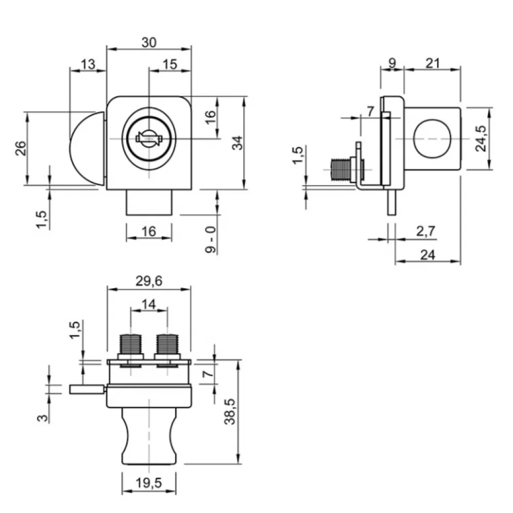 Меблевий замок накладний Muller для 2 скла на скляні дверцята Хром/Сатин (ZM0618) - фото 2
