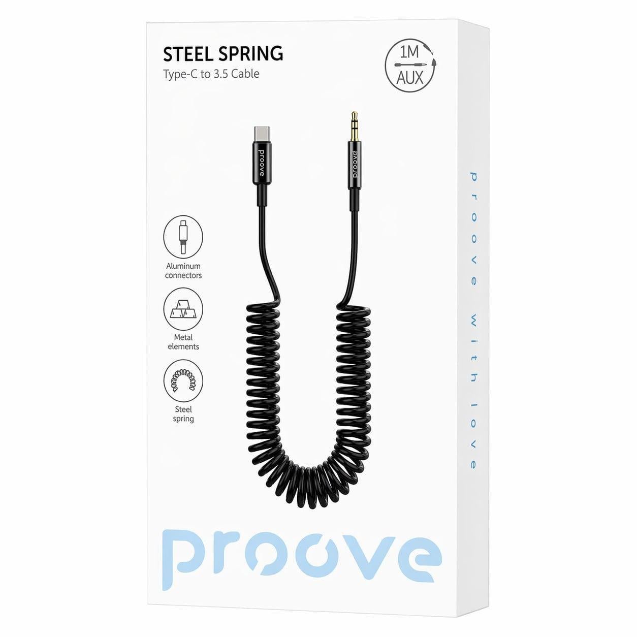 Кабель AUX Proove Steel Spring Type-C to 3,5 ACSS00005201 0,45-1 м пружинный усиленные разъемы TPU Черный (8008)