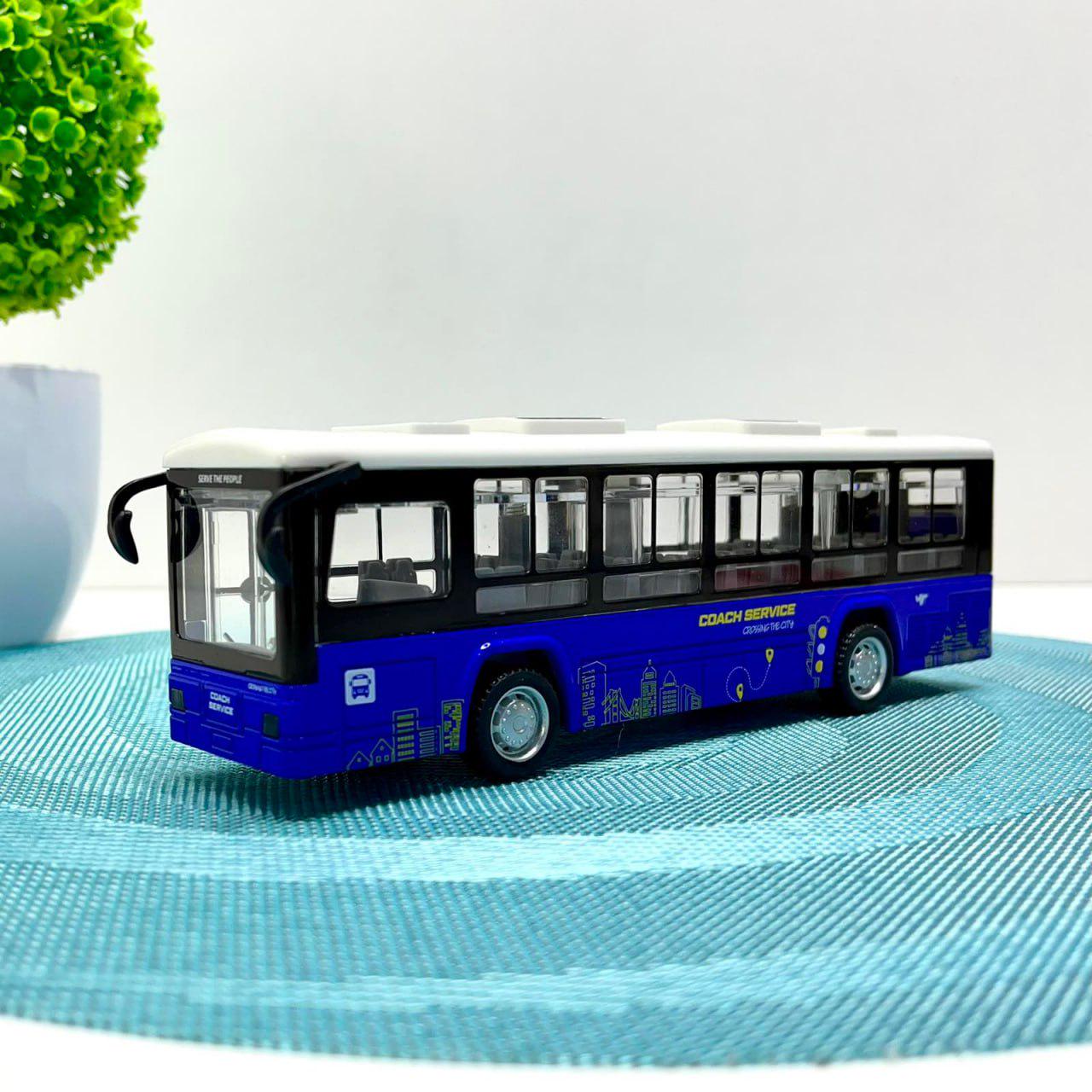 Автобус игрушечный металлический с инерцией/подсветкой и звуком открывается дверь Синий (CLM-0771AC)