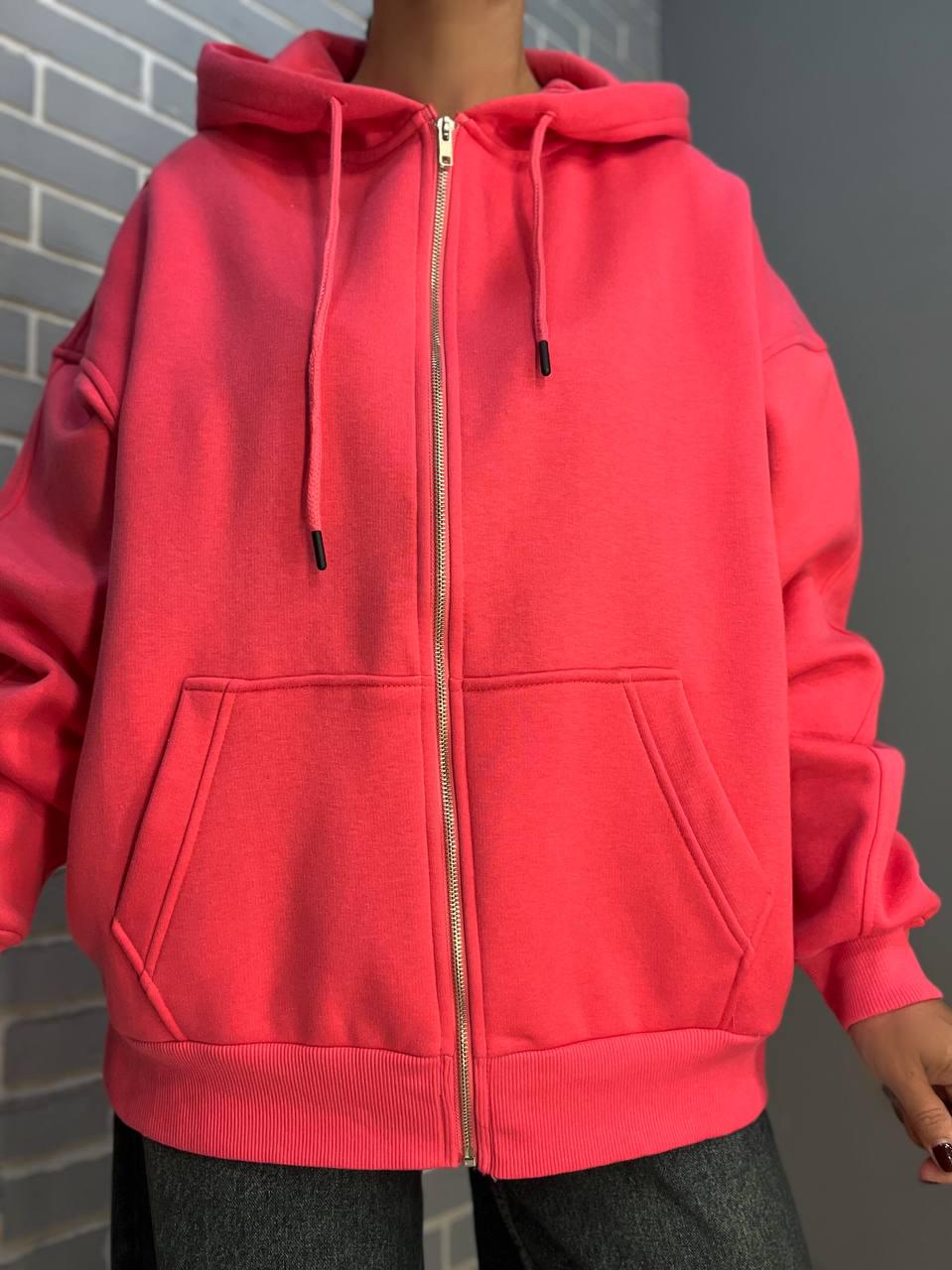 Толстовка жіноча QUZEN 482 подовжена на блискавці капюшон базова фліс утеплена OS Малиновий (981) - фото 2