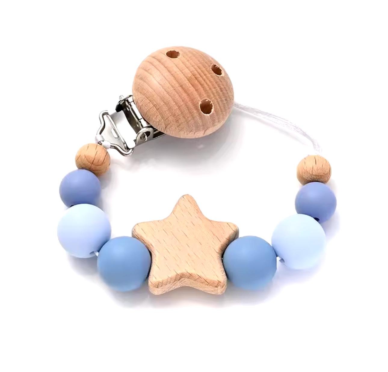 Держатель детский для пустышки с деревянной клипсой и силиконовыми бусинами Голубой
