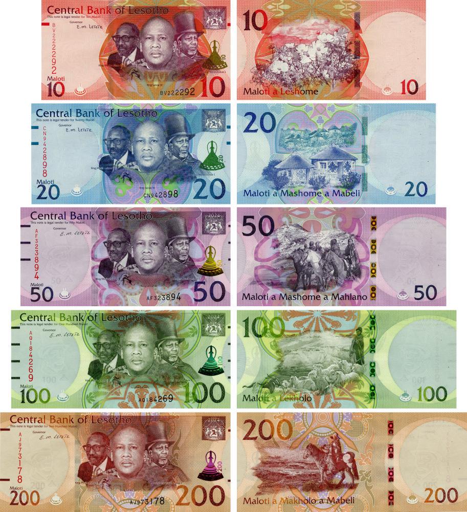 Коллекционная банкнота Лесото набор из 5 банкнот 2024 UNC 10/20/50/100/200 молоти Hybrid (Б24348)