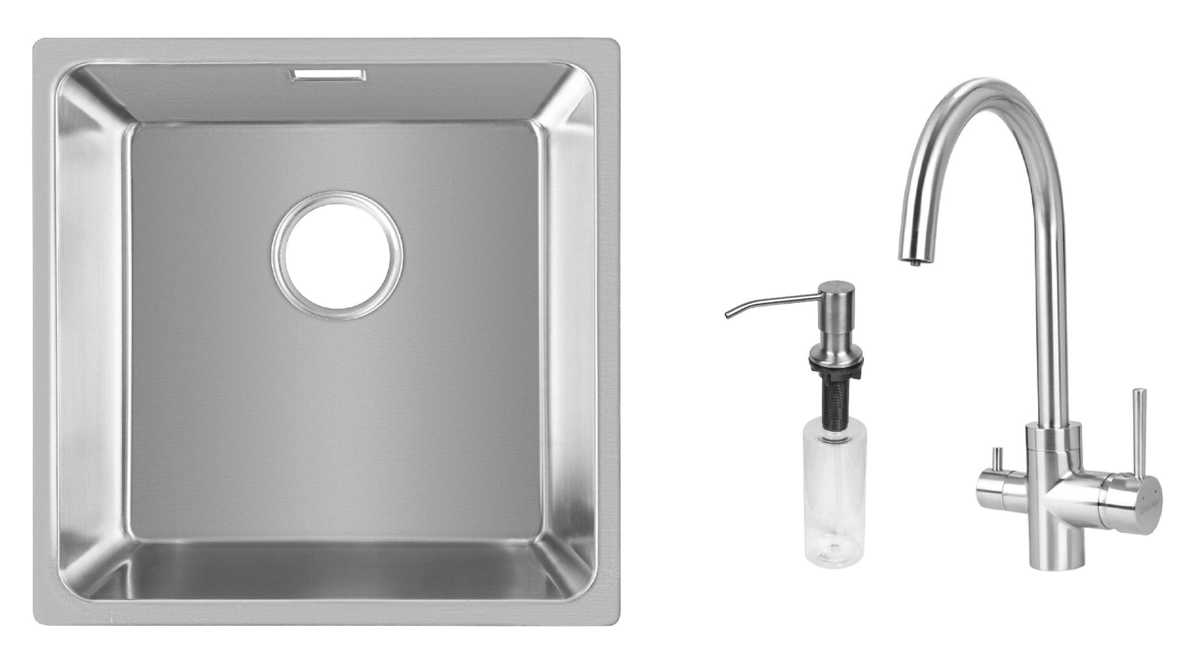 Комплект из кухонной мойки Gunter&Hauer Felda 4420 IX кухонного смесителя Gunter&Hauer HAFEN Brush и дозатора Gunter&Hauer SOAP DISPENSER Inox