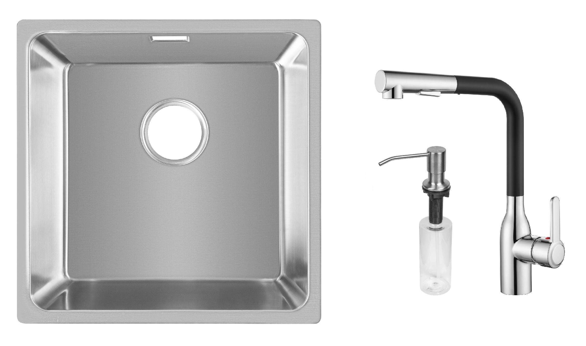 Комплект из кухонной мойки Gunter&Hauer Felda 4420 IX кухонного смесителя Gunter&Hauer DUNKEL Cr-Bl и дозатора Gunter&Hauer SOAP DISPENSER Inox