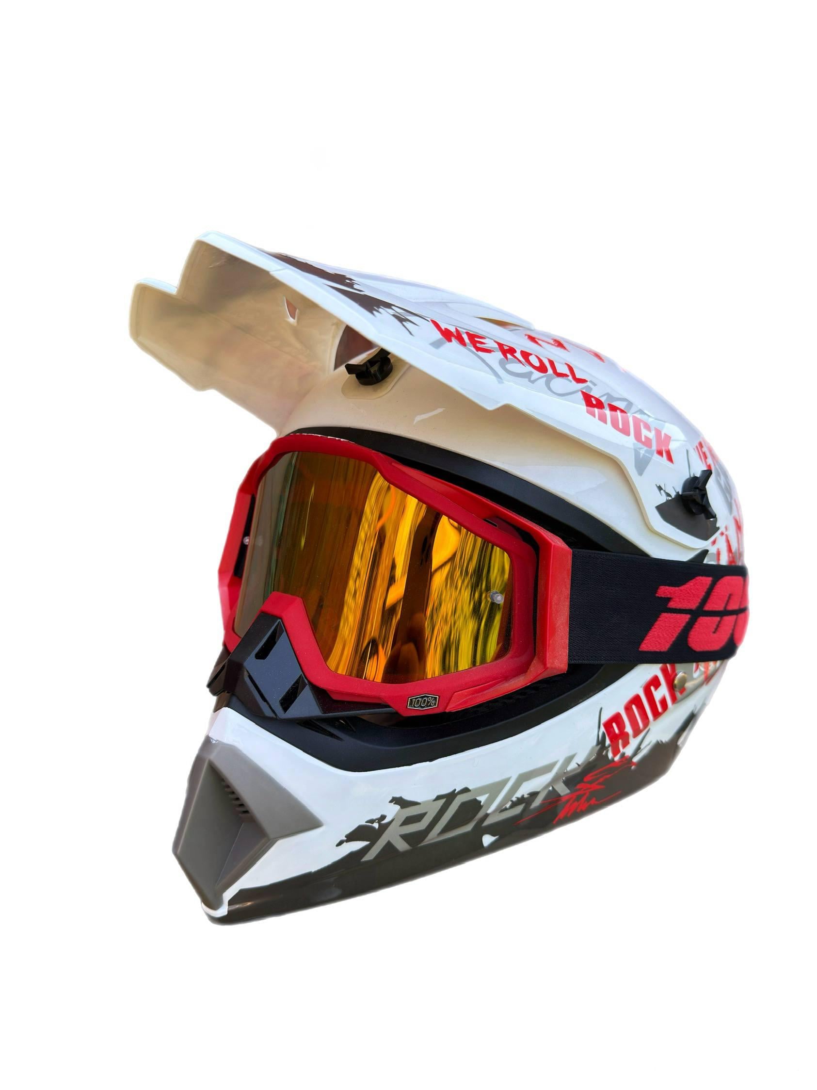 Мотошолом ендуро кросовий Helmet Rock L Біло-червоний і окуляри Profi 100% Червоний (0358)