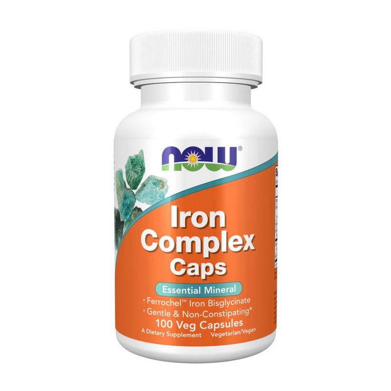 Железо бисглицинат хелат из B12 и метилфолатом NOW Iron Complex Caps 100 вер. капс.