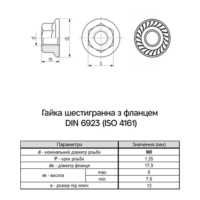 Гайка із фланцем зубчаста ДКС М8 DIN6923 сталь 5 крок 1,25 під ключ 13 мм цинк 1 шт. Білий (CM100800) - фото 3