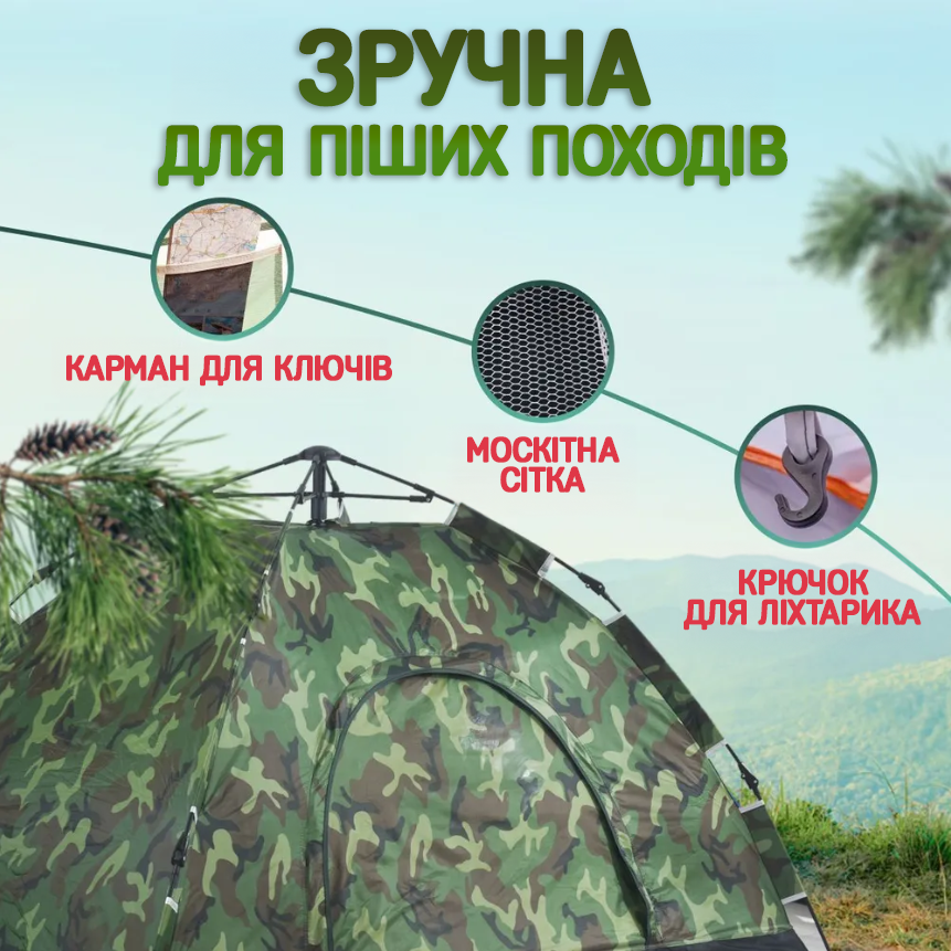 Намет туристичний 4-х місний 200х200 см каркасний Камуфляж (Е500065) - фото 3