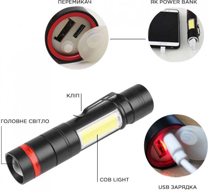 Фонарь ручной Quantum Assistant QM-FL1030 3W LED/COB с функцией Power Bank Черный (8180628) - фото 2