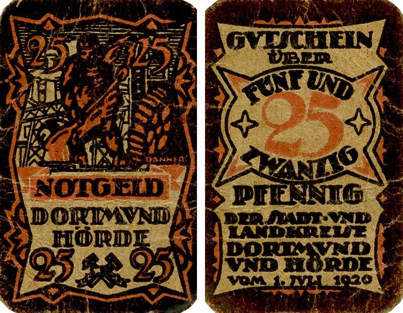 Коллекционная банкнота Германия Нотгельд 25 пфеннигов 1920 F-VF Дортмунд (Б18562)