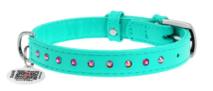Ошейник для собак кожаный WAUDOG Glamour с QR паспортом с клеевыми стразами 20 мм 30-39 см Ментоловый (Collar327813)