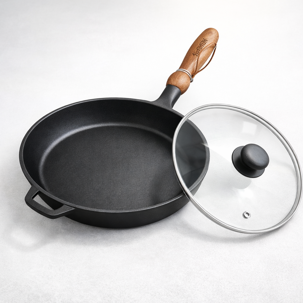 Сковорода чавунна Maysternya з дерев'яною ручкою та скляною кришкою 28x6 см (32541779)