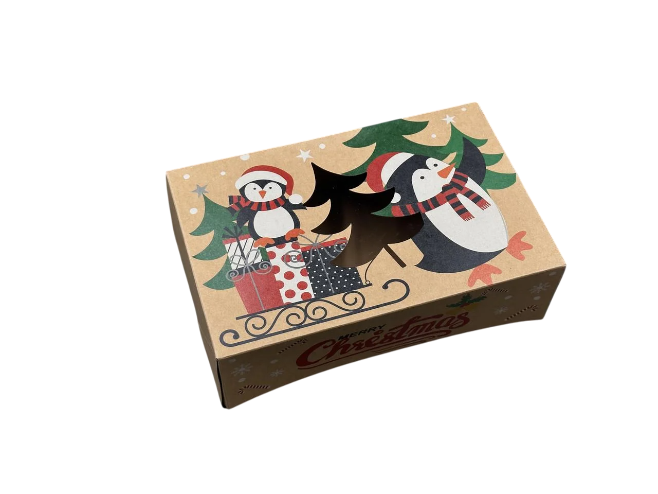 Коробка подарочная со смотровым окошком Елочка с принтом сборная картонная 22х14,5х7 см Крафт (OA-66)