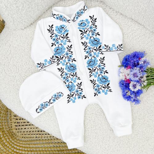 Комплект з чоловічком-вишиванкою для хлопчика Family Tradition Блакитні троянди інтерлок Білий (50104)