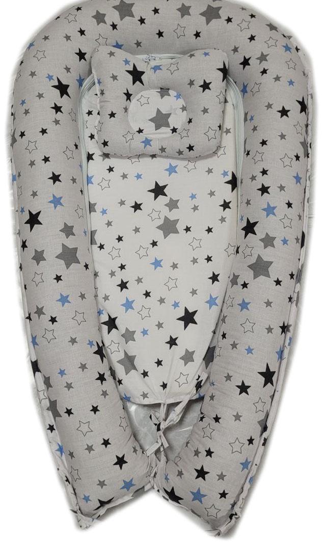 Кокон гнездышко з ортопедичною подушкою-бабочка Белый с голубыми звездами Кокон гнездышко з ортопедичною подушкою-бабочка Белый с голубыми звездами