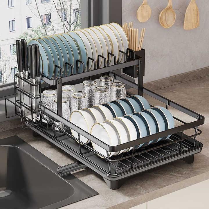 Сушарка двоярусна для посуду настільна з піддоном і зливом води Multifunctional Bowl Rack Чорний - фото 3 Сушарка двоярусна для посуду настільна з піддоном і зливом води Multifunctional Bowl Rack Чорний - фото 3