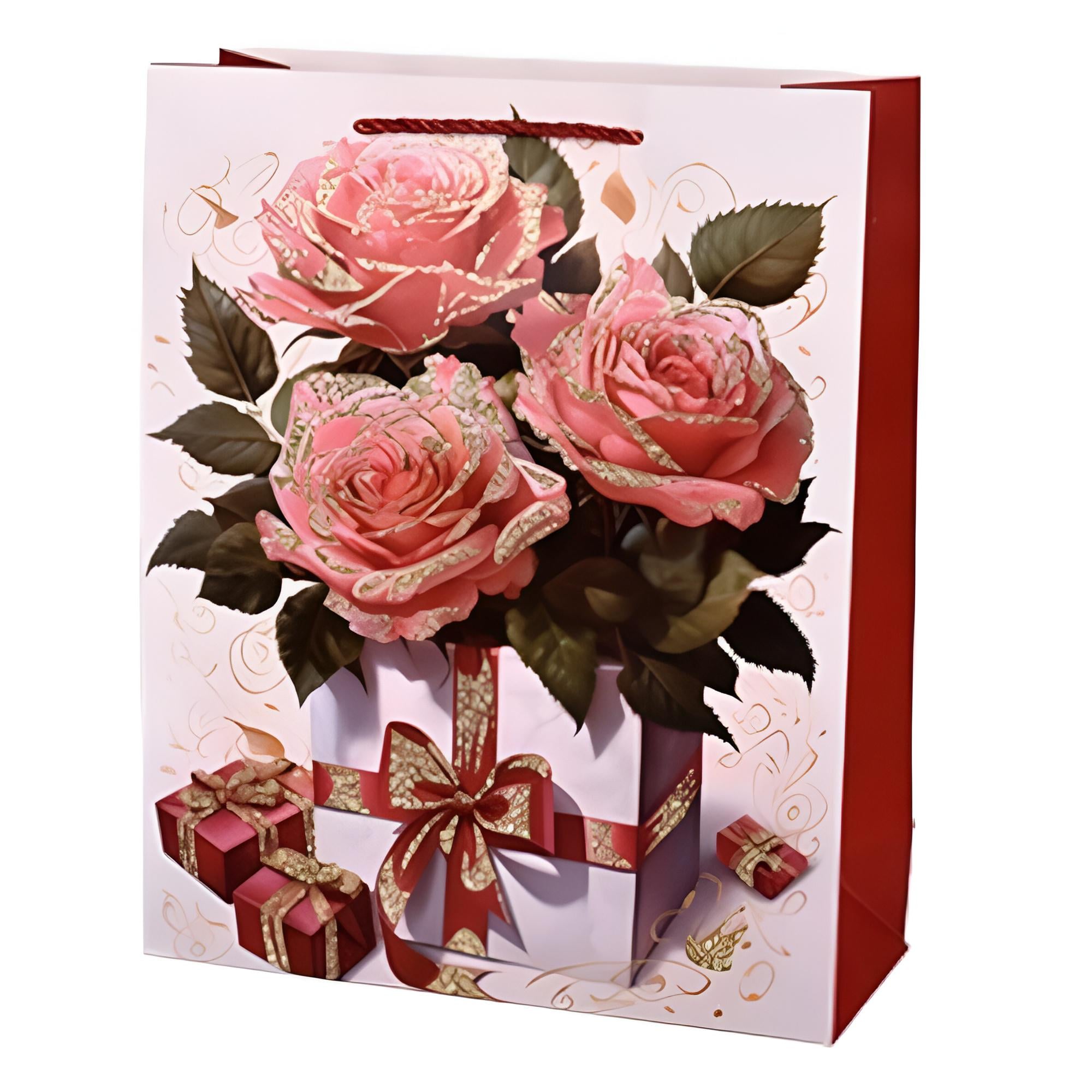 Подарочный пакет Flowers R98415-S 18х23х10 см Белый с красным/Розовый (33726602)