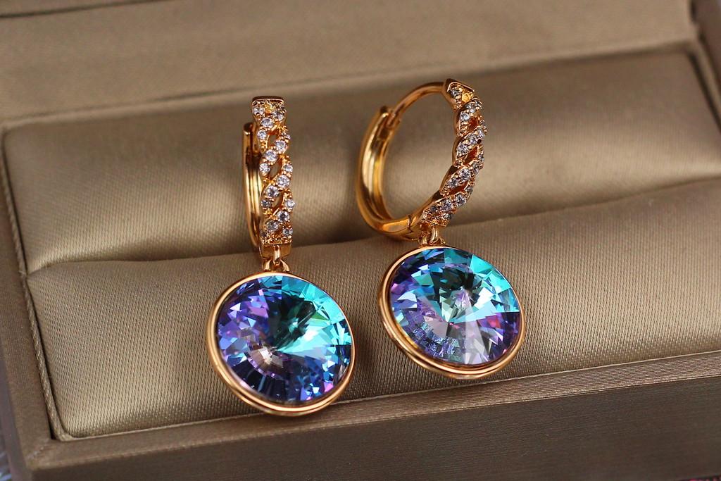 Серьги Xuping Jewelry Подвески крупный камень в ободке 3 см Золотистый/Фиолетовый хамелеон