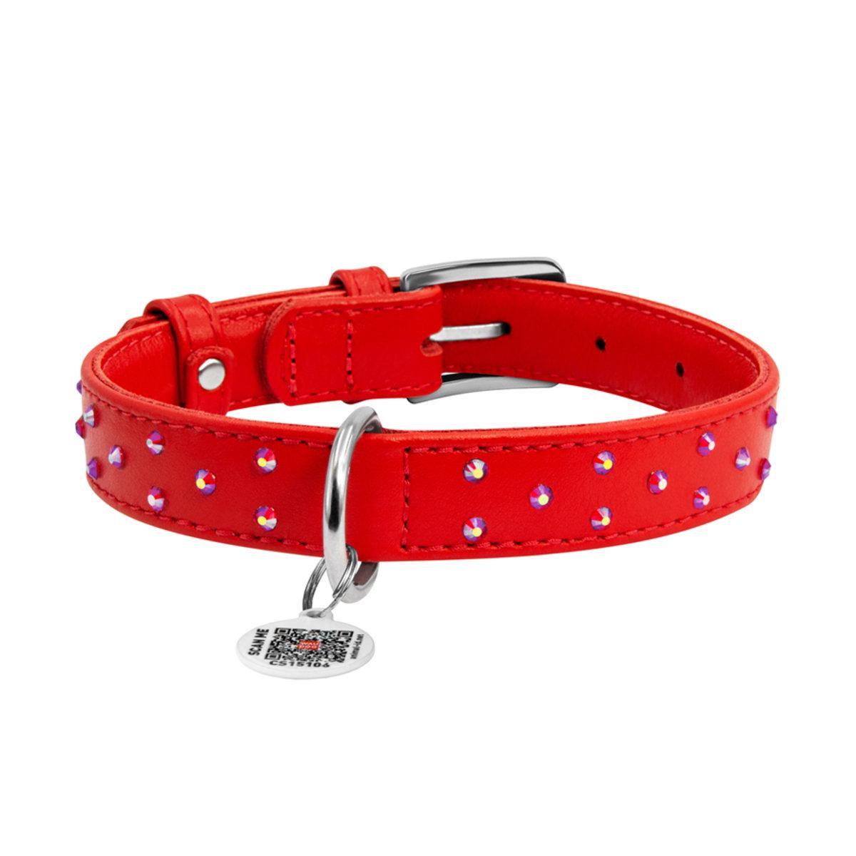 Ошейник для собак кожаный Waudog Glamour с QR паспортом/клеевыми стразами 25 мм х 38-49 см Красный (32793 Col)
