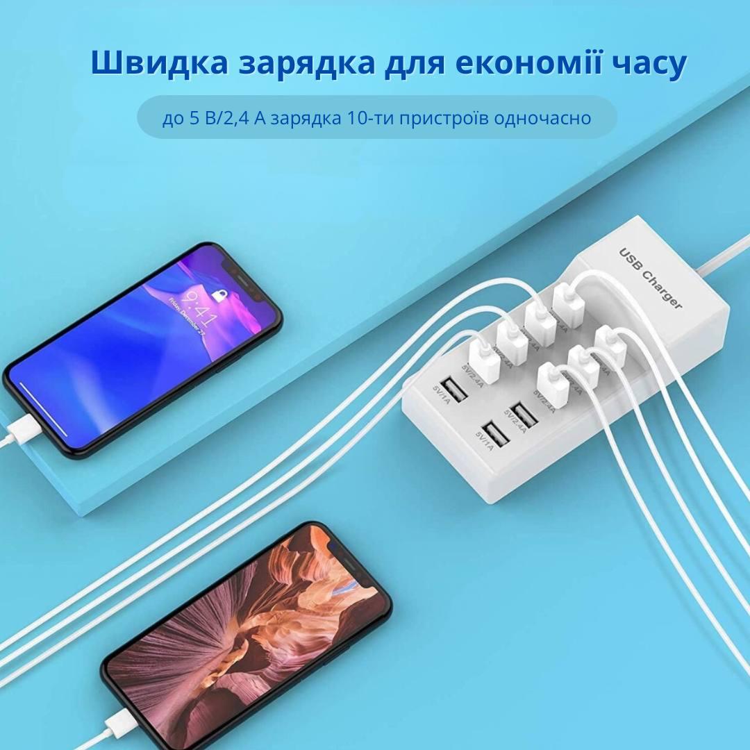 Зарядное устройство сетевое Bodasan 10xUSB 2.4А 1А Белый (W211) - фото 2