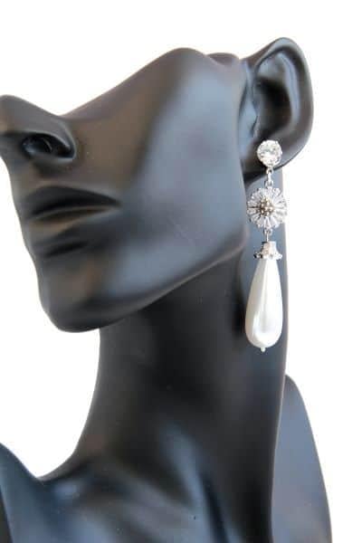 Сережки довгі родій весільні з великими білими перлами та фіанітами Анабелла (ER-0007)