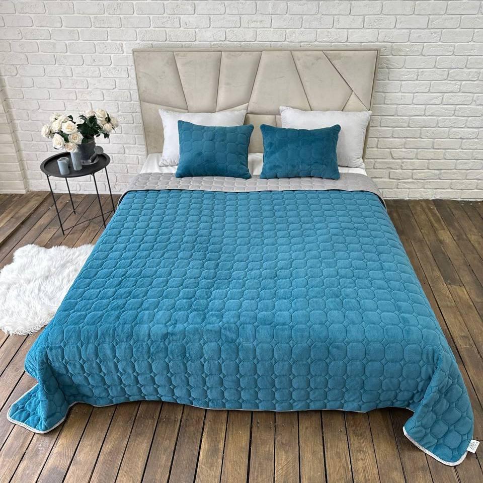 Покривало двостороннє з мікрофібри 210х230 см з подушками 2 шт. 40х60 см Синій (Д-cap-podush-006)