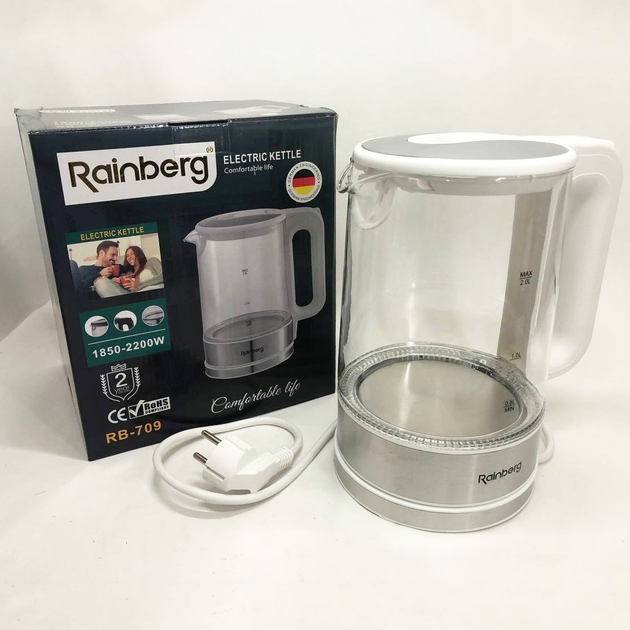 Чайник электрический Rainberg RB-709 2 л 2200 Вт стеклянный корпус LED подсветка Белый (ML-04426)