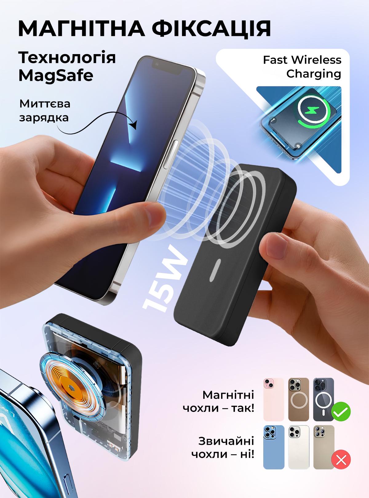 Повербанк OnePro з magsafe та кабелями Type-C Lighthing 10000 mah Чорний (73742) - фото 4 Повербанк OnePro з magsafe та кабелями Type-C Lighthing 10000 mah Чорний (73742) - фото 4