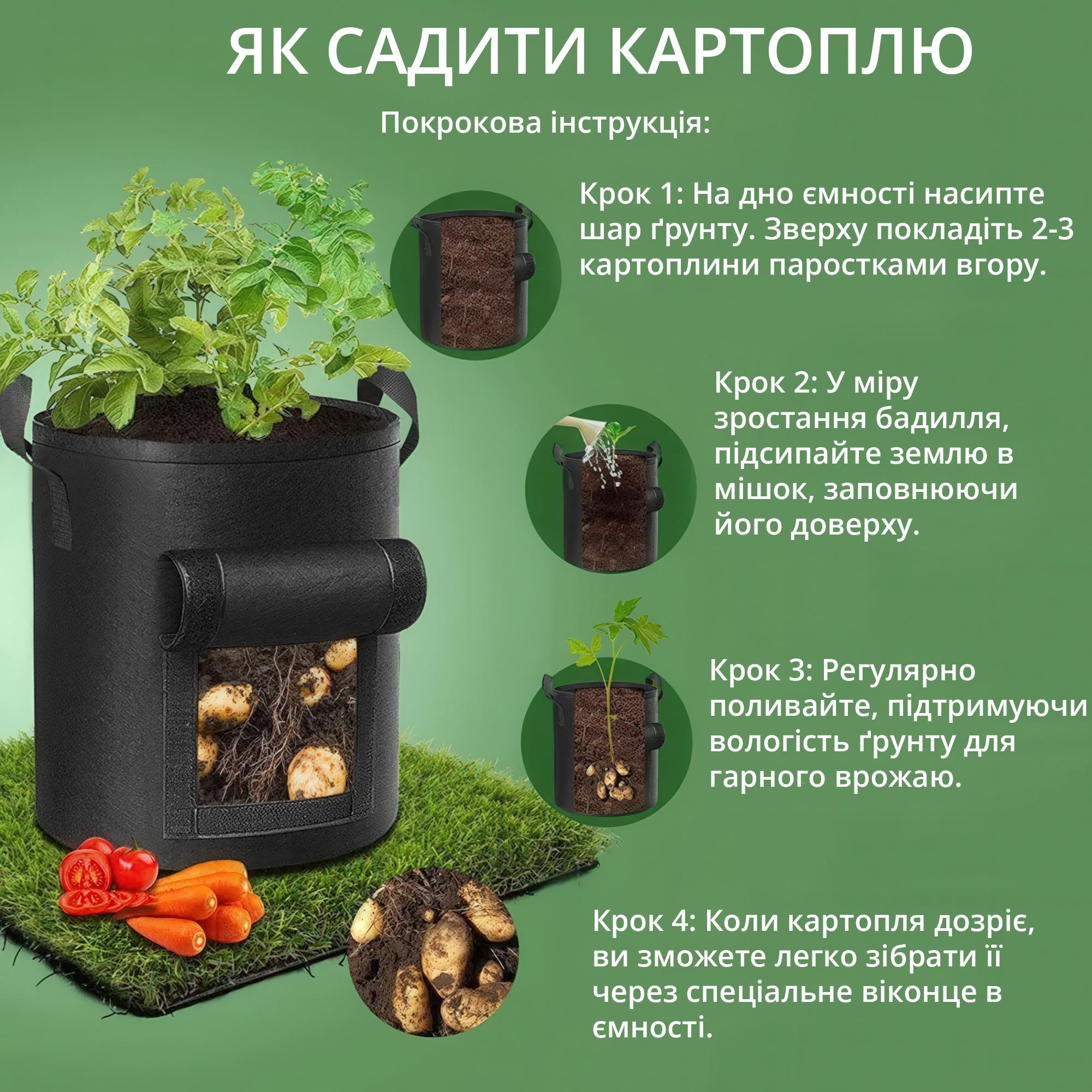 Мішок тканинний для вирощування картоплі та овочів з віконцем 35х40 см 38 л Чорний - фото 5