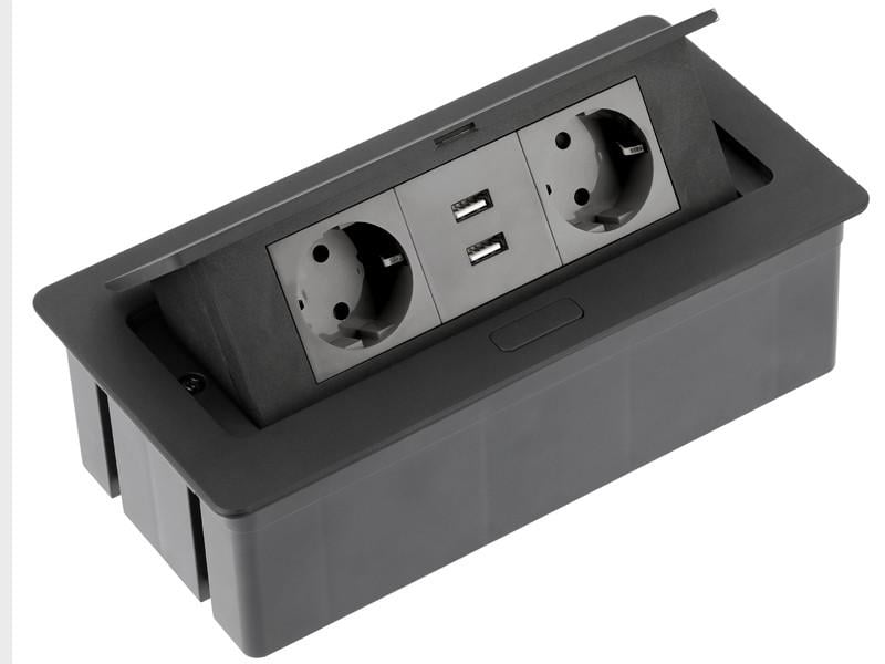 Блок розеточный врезной GTV SOFT 2 розетки Schuko 2xUSB кабель 1,5 м Черный (5098)