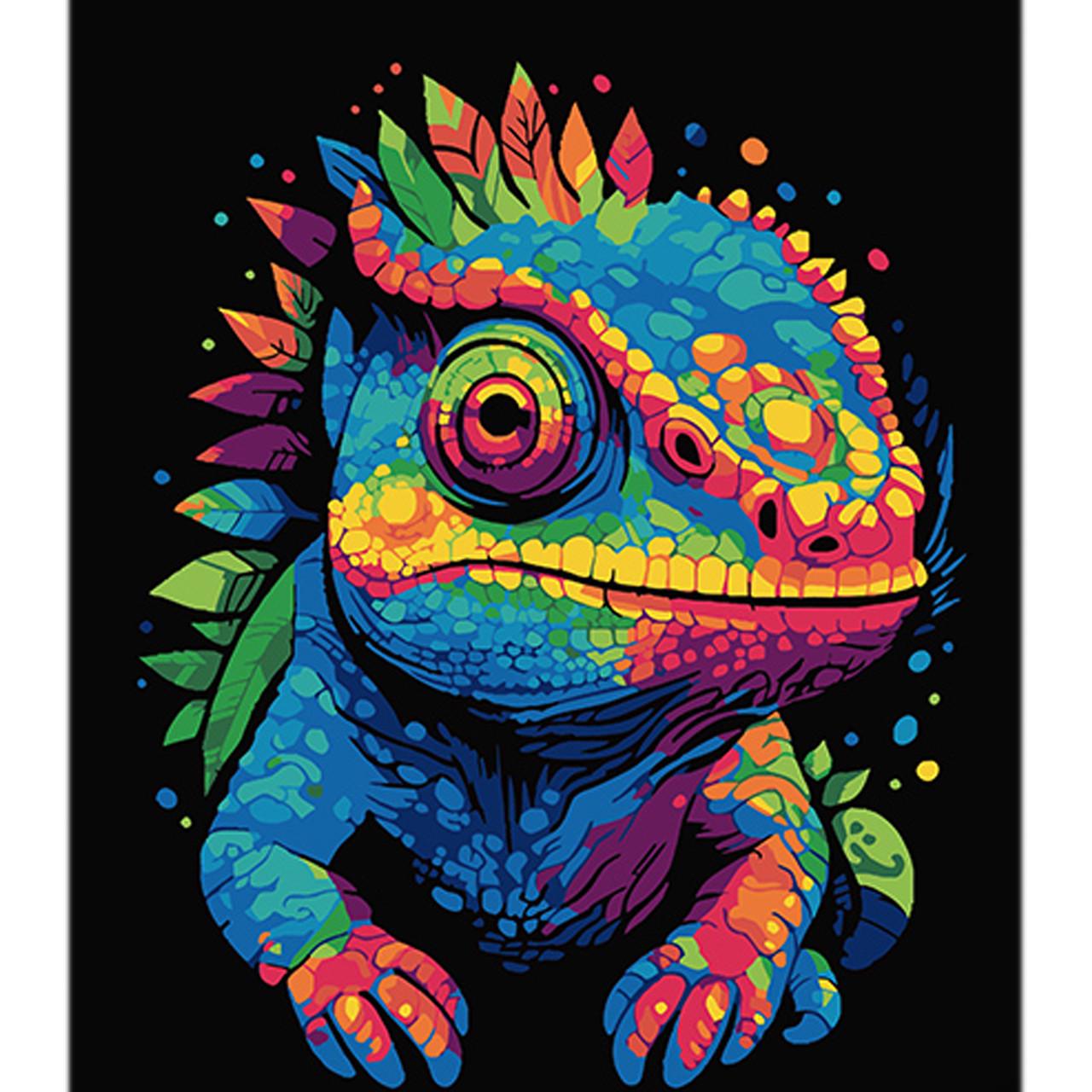 Картина за номерами Strateg Хамелеон і калейдоскоп кольорів на чорному фоні 40х50 см (AH1123)