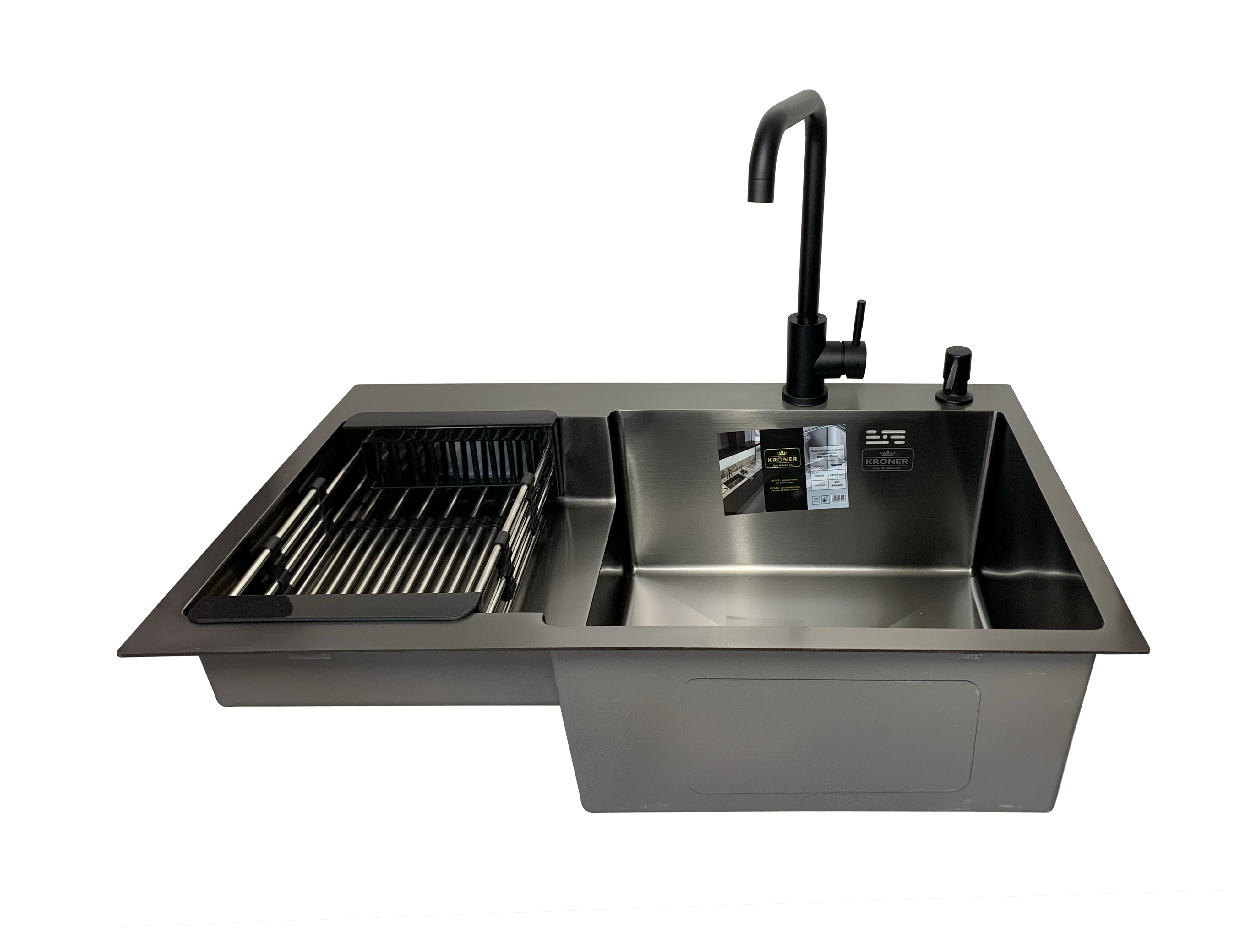Мийка кухонна Kroner 78x48 см в чорному PVD чаша праворуч + змішувач/кошик/дозатор