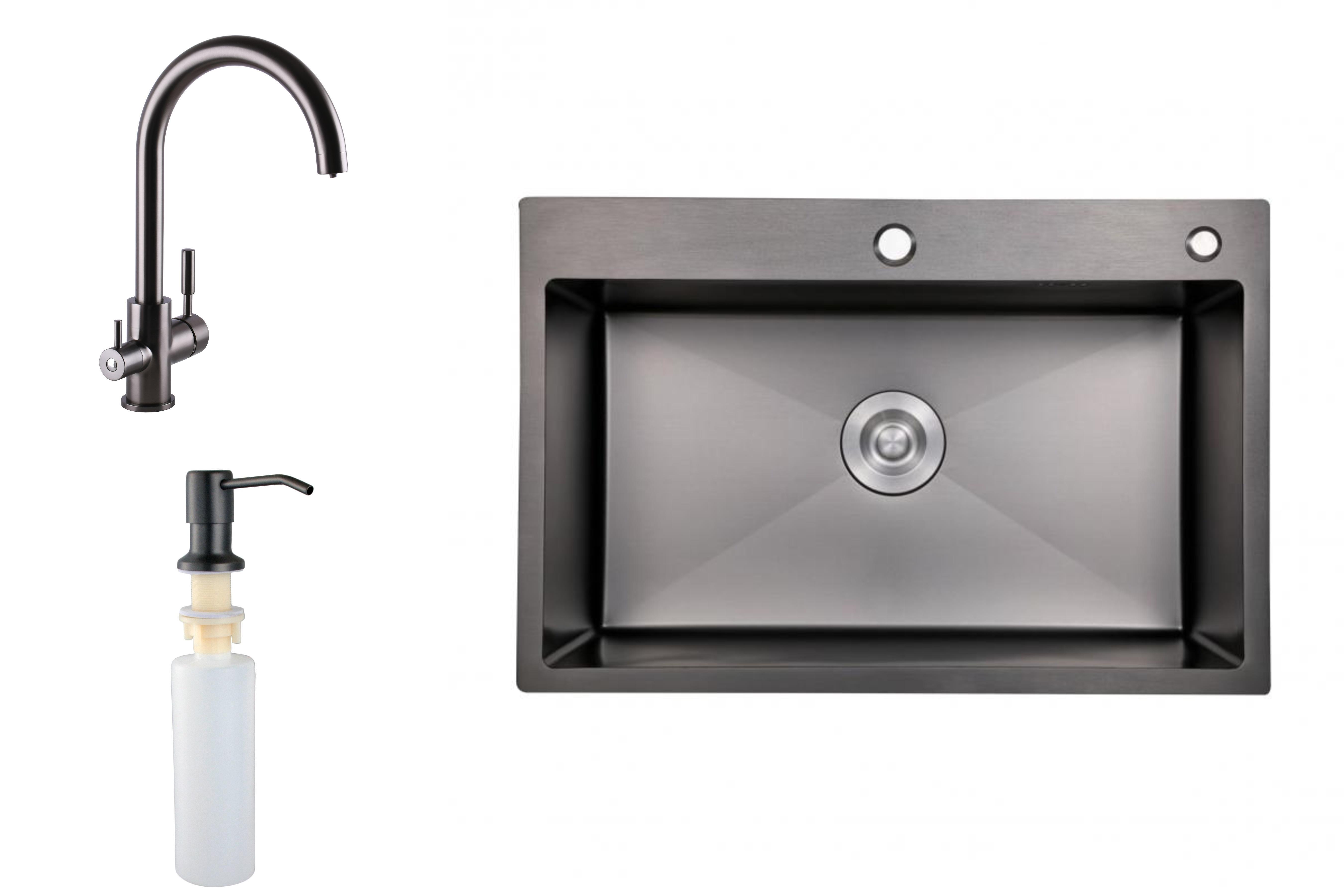 Мийка для кухні з нержавіючої сталі зі змішувачем під осмос з дозатором 50х50 см Чорний (785249)