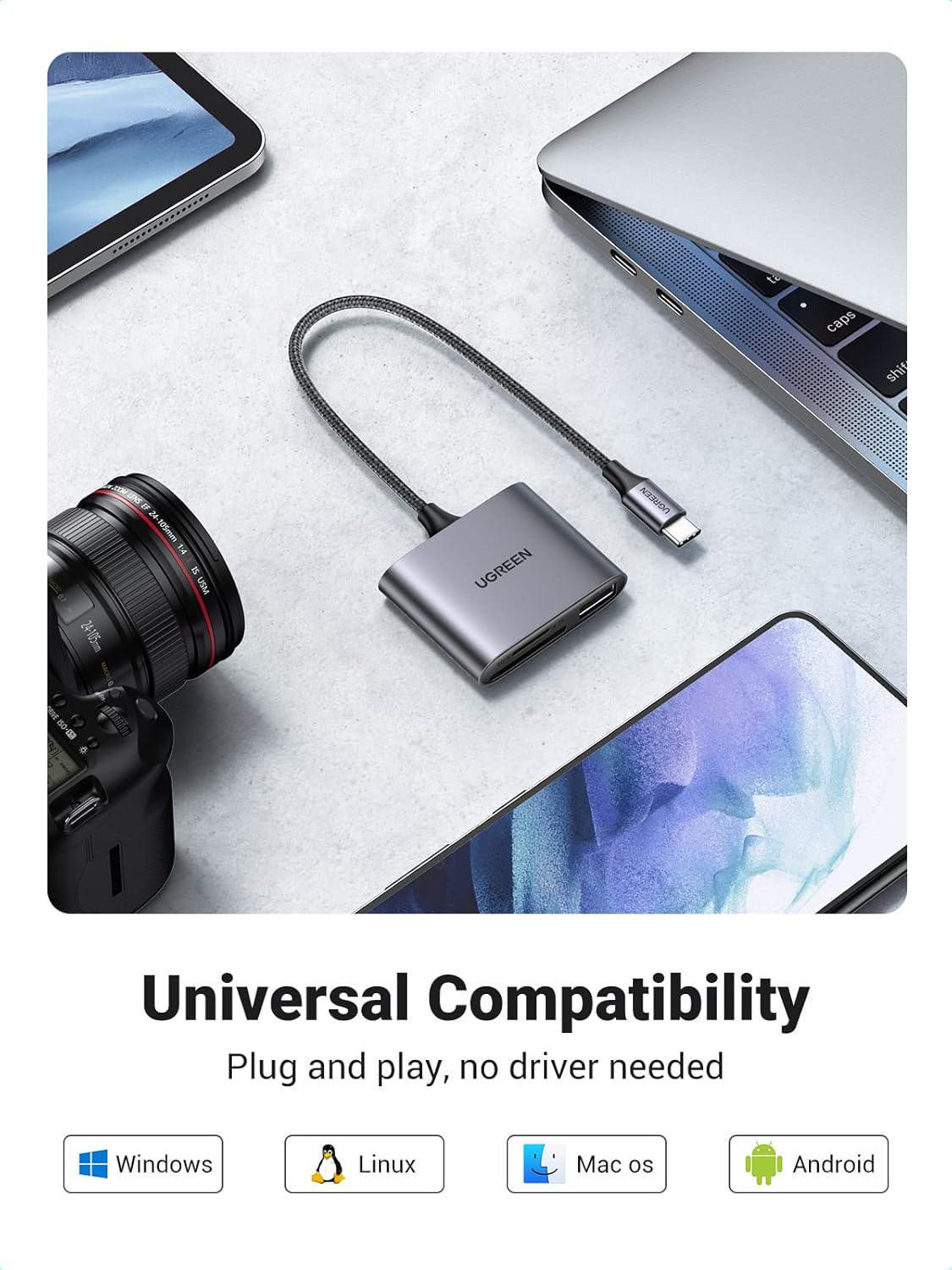 Кардридер UGREEN USB-C слоти SD/TF порт USB-A 2.0 одночасне читання швидкість до 5 Гбіт/с алюмінієвий Сірий (80798) - фото 4 Кардридер UGREEN USB-C слоти SD/TF порт USB-A 2.0 одночасне читання швидкість до 5 Гбіт/с алюмінієвий Сірий (80798) - фото 4